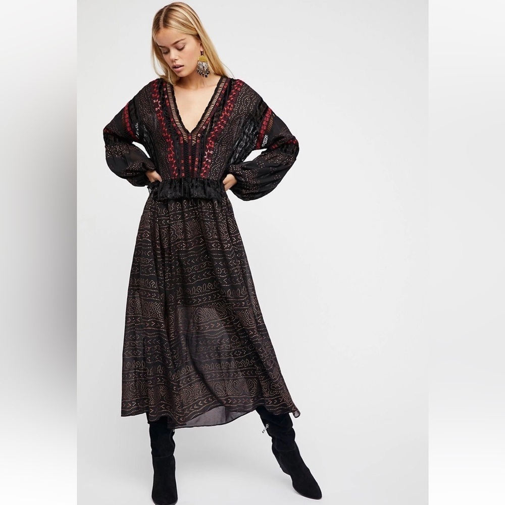 Free People Starry Night Sheer Balloon Sleeve Maxi Dress Size X Small